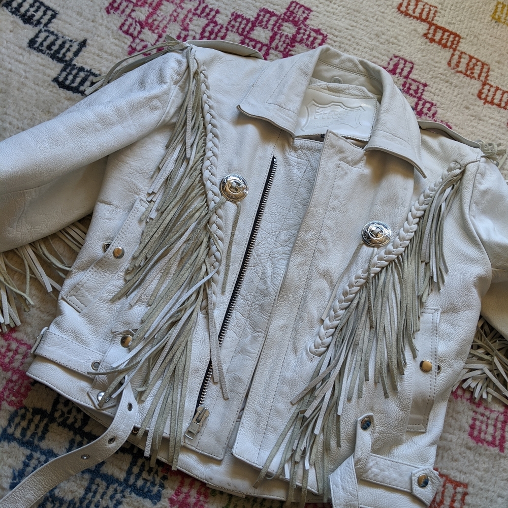 Vintage white motorcycle leather fringe jacket